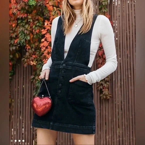 Free People Old School Love Denim Dungaree Pinafore Dress - Size 0 - EUC - Picture 1 of 11